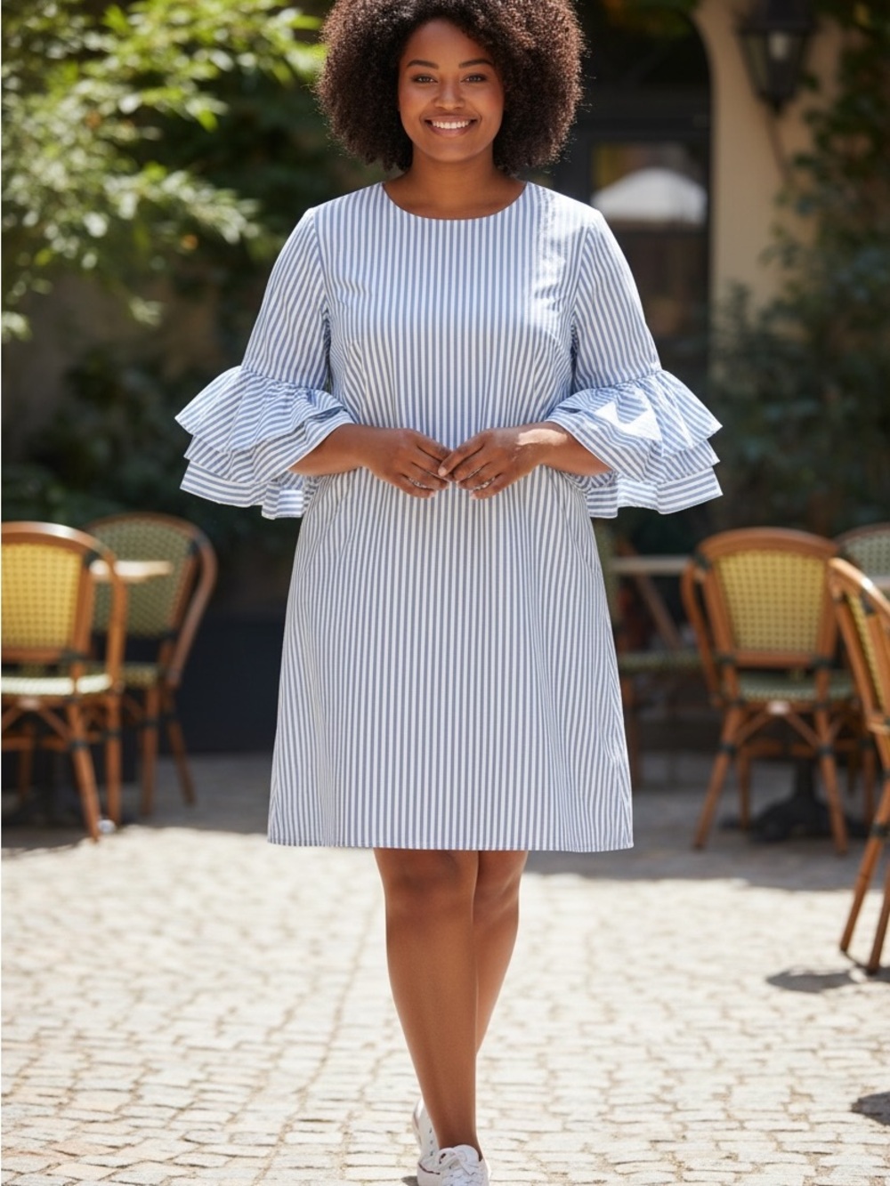 SIMONS Light Blue Striped Ruffle Sleeve Dress size 14